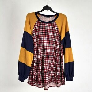 Story Teller Women's Plus 3X Plaid Colorblock Long Slvs Pullover Top Tunic Style